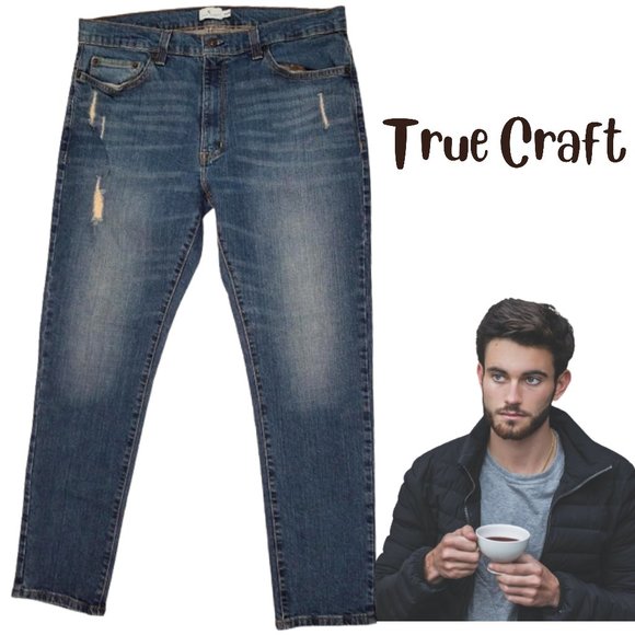 TRUE CRAFT Distressed Denim Taper Leg Blue Jeans Men's 36 x 30 - Picture 1 of 7